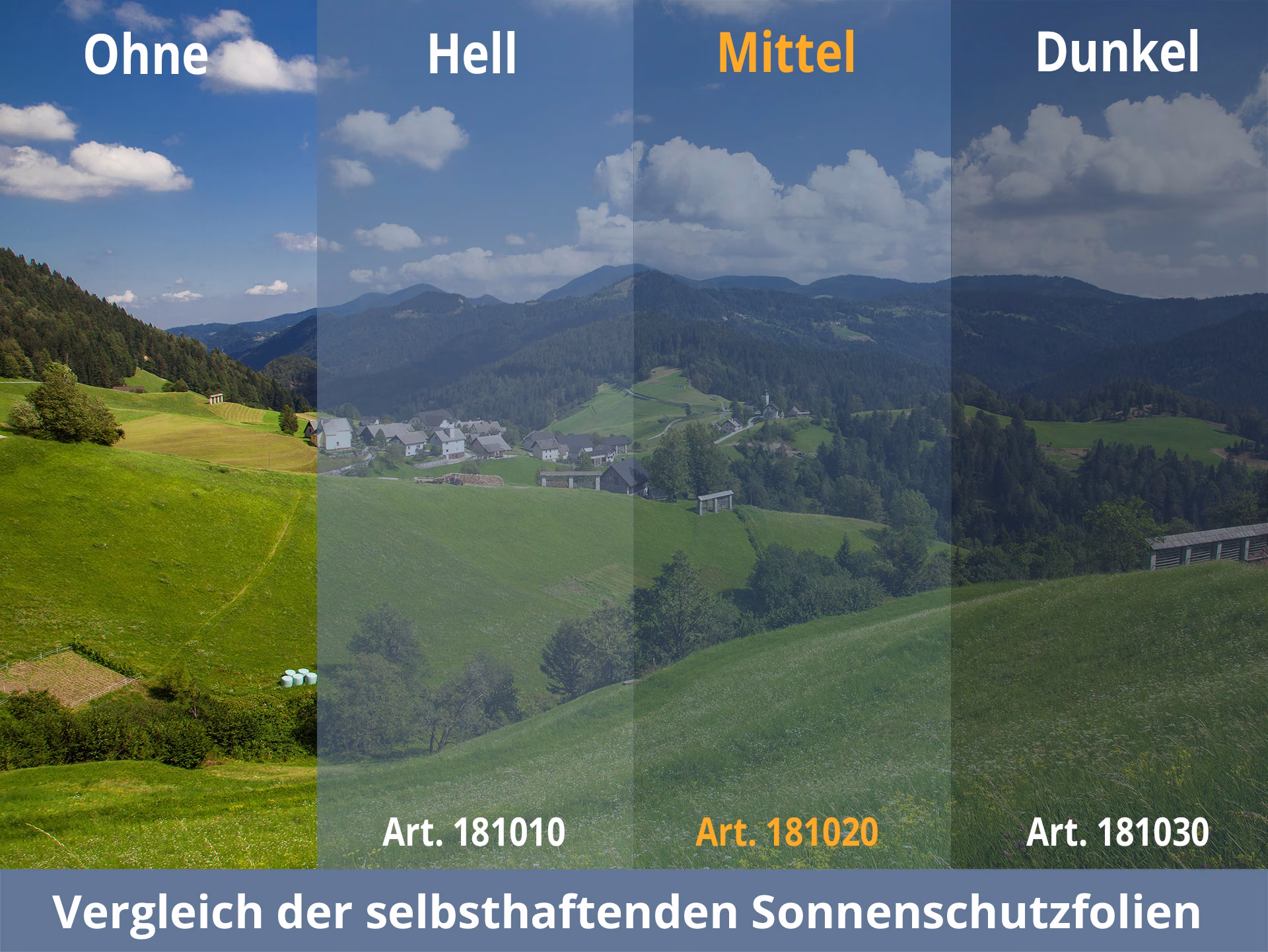 Tönungsvergleich unterschiedlicher selbsthaftender Sonnenschutzfolien