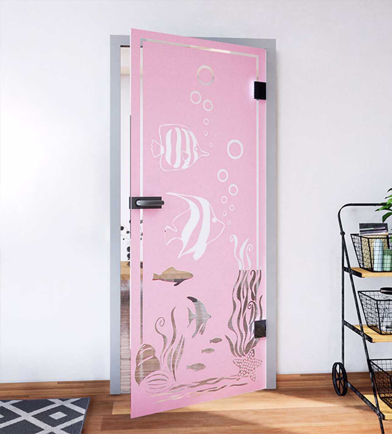 Glasdekor Wasserwelt der Fische pastell rosa matt