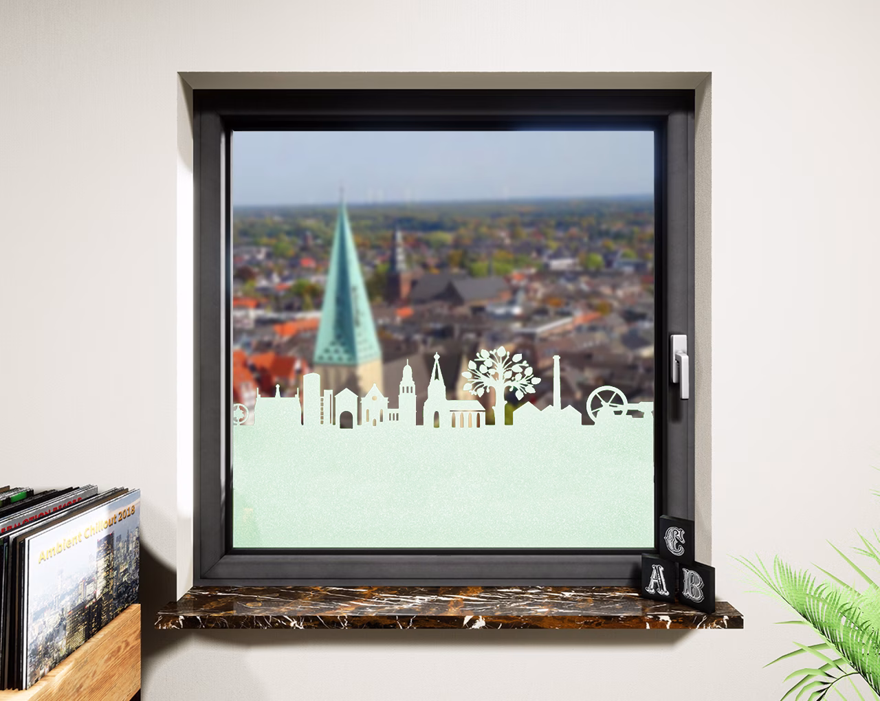 Glasdekor Skyline Bocholt pastell grün matt