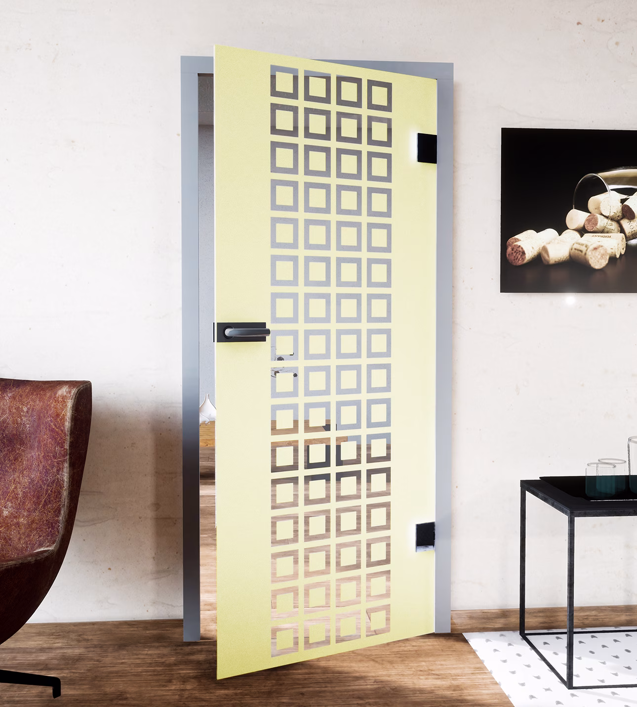 Glasdekor kleine Quadrate pastell gelb matt