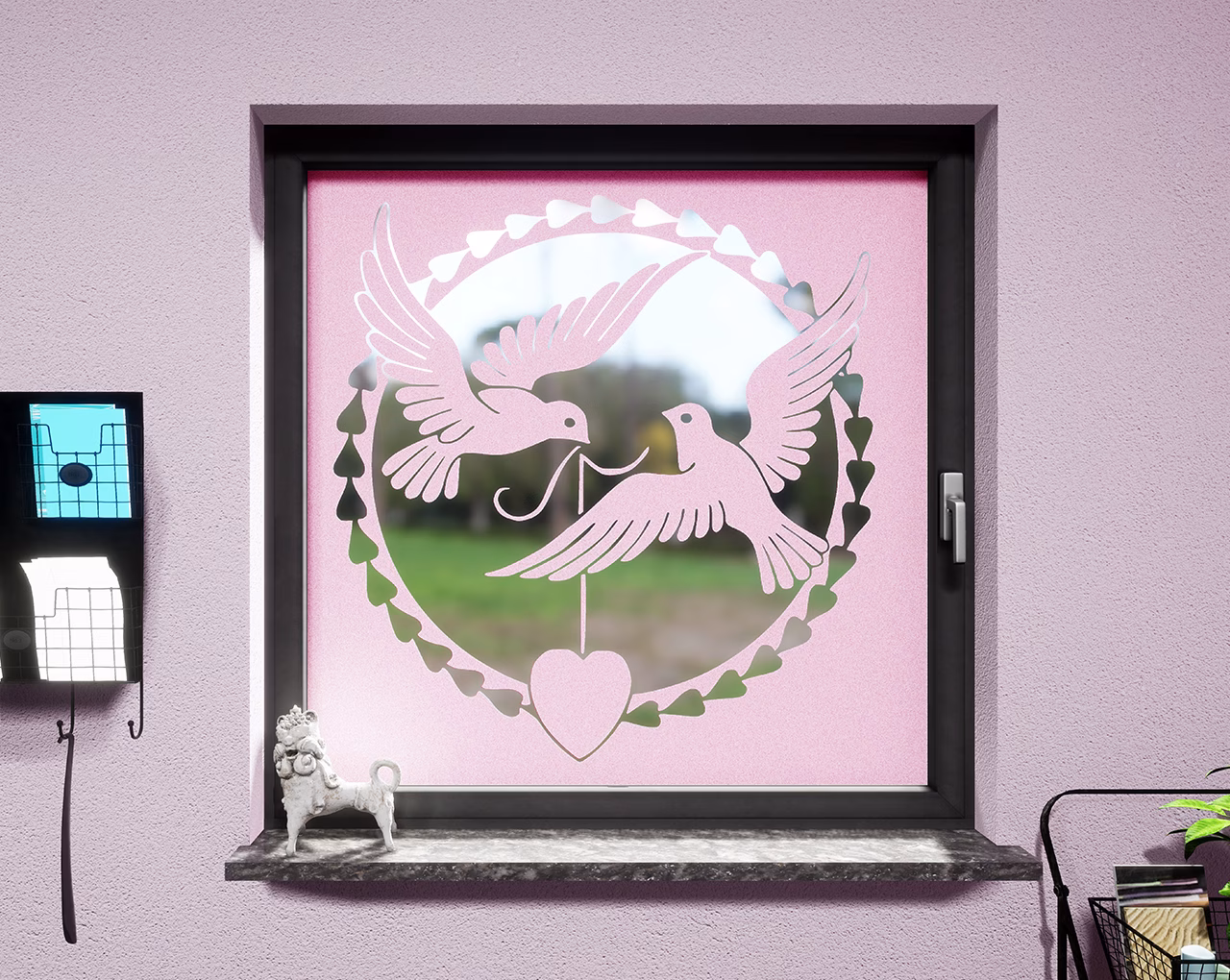 Glasdekor Tauben pastell rosa matt