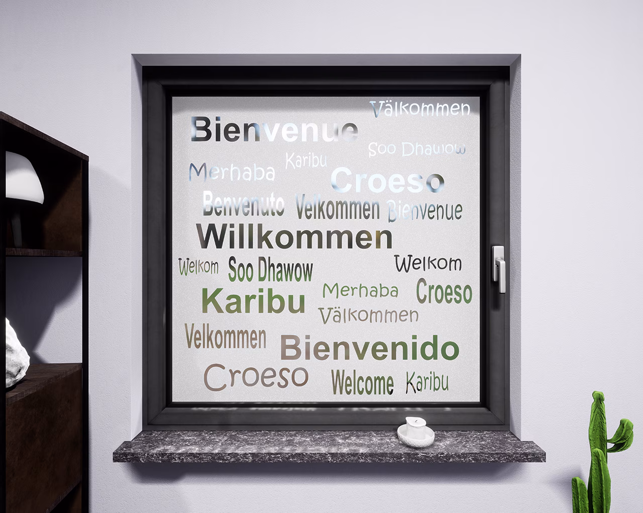 Glasdekor Schriftzug Willkommen weiß matt