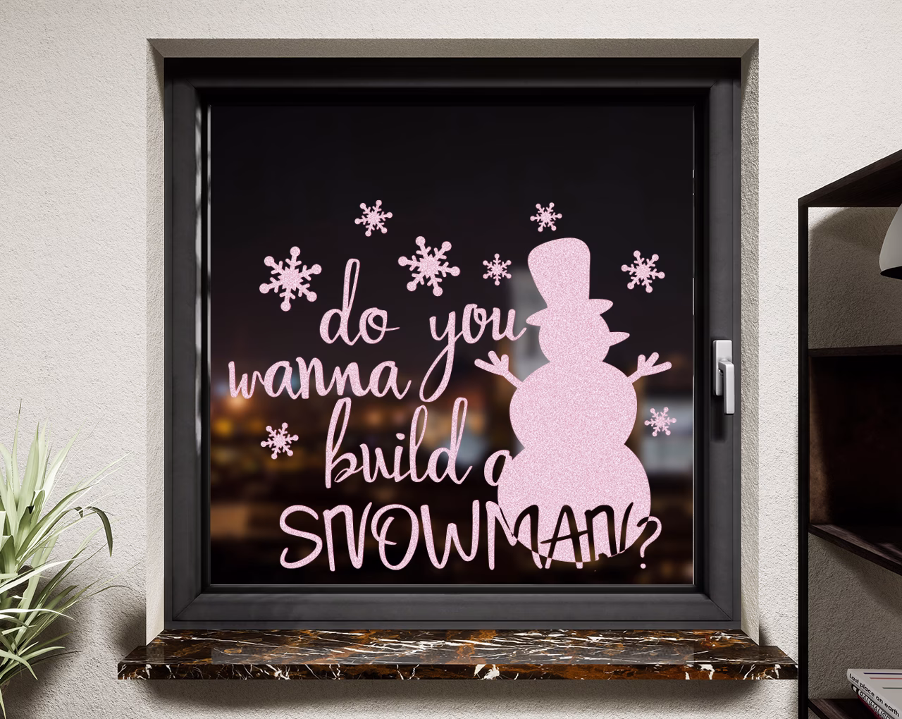 Fenstertattoo Schneemann pastell rosa matt