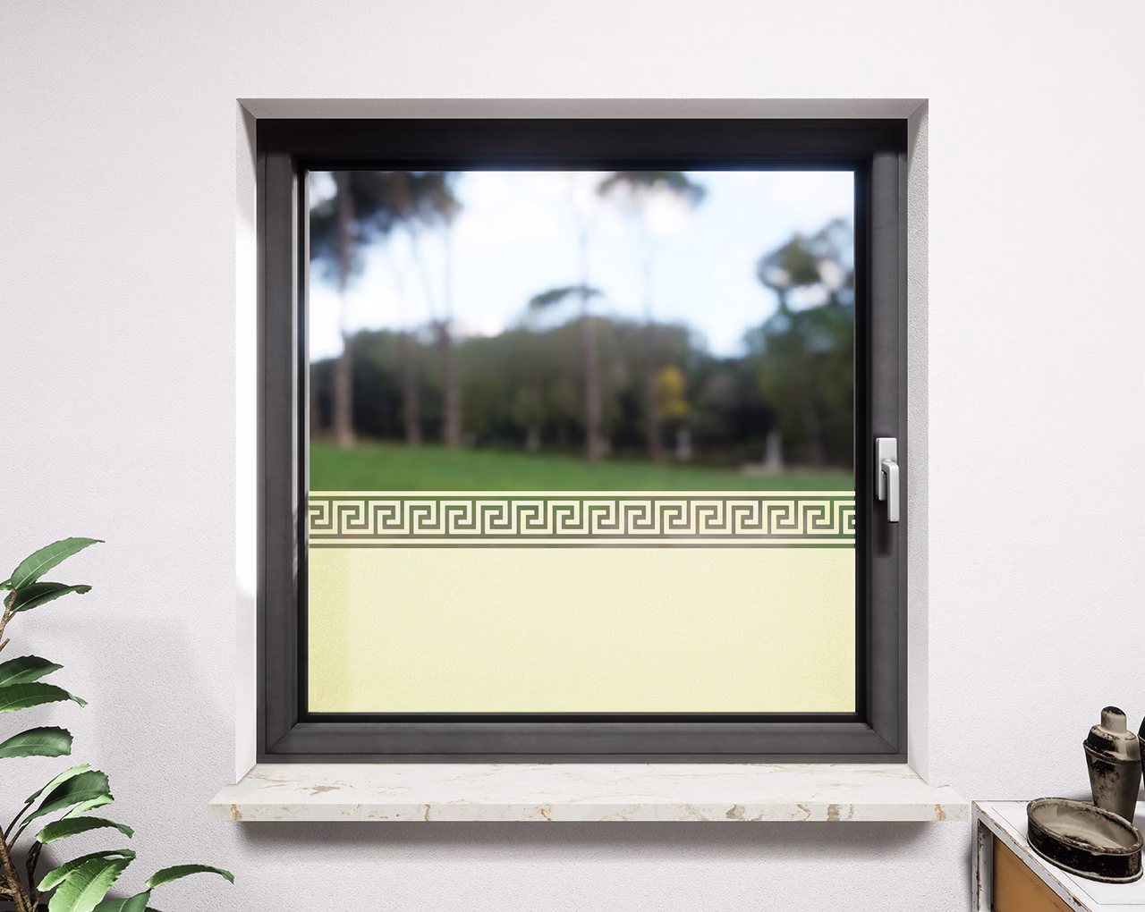 Glasdekor Griechische Ornamente pastell gelb matt