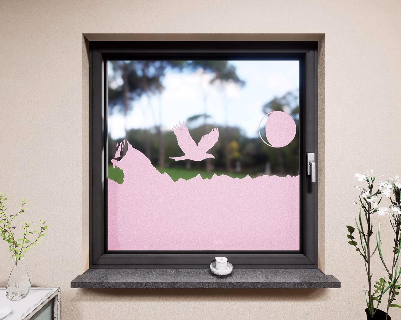 Glasdekor Berge pastell rosa matt