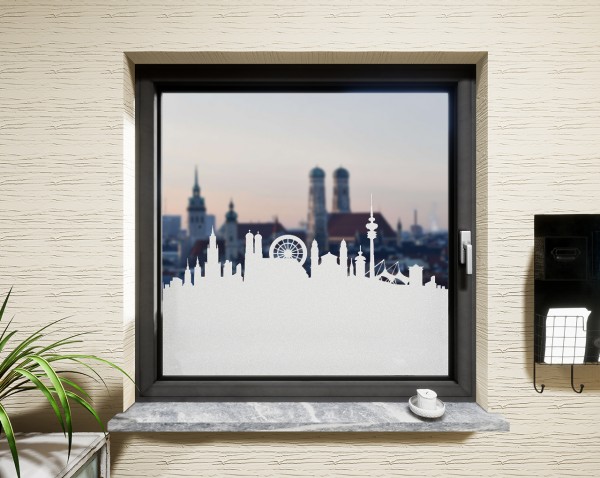 Glasdekor für Fenster, Skyline München