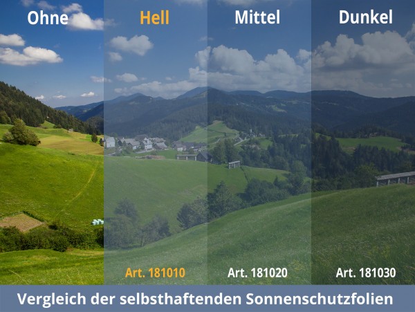 Tönungsvergleich unterschiedlicher selbsthaftender Sonnenschutzfolien