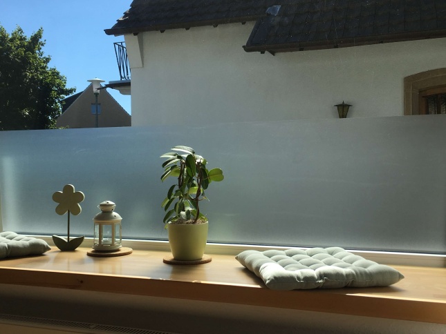 Sichtschutz als Teilbeklebung mit einer Milchglasfolie im Wohnzimmer.