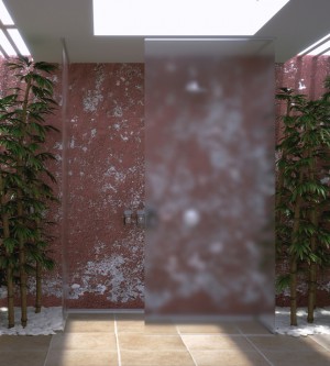 Sichtschutzfolie Ätzglasdesign weiß matt auf einer Duschkabiene